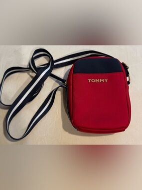 Tommy Hilfiger Red and Navy Striped-strap Crossbody Bag